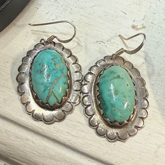 Vintage Native American Sterling Silver/Turquoise Dangle Earrings - Picture 2 of 5